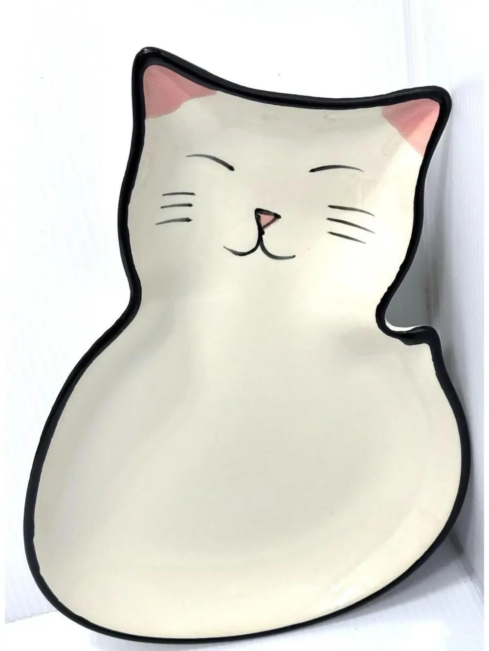 Ceramic Cat Spoon Rest /Trinket Dish Hand Painted White Kitty Jewelry Tray -New